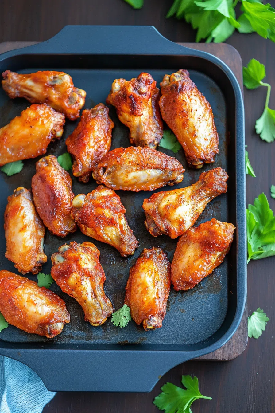 Chicken wings served on a tray with chopped herbs.