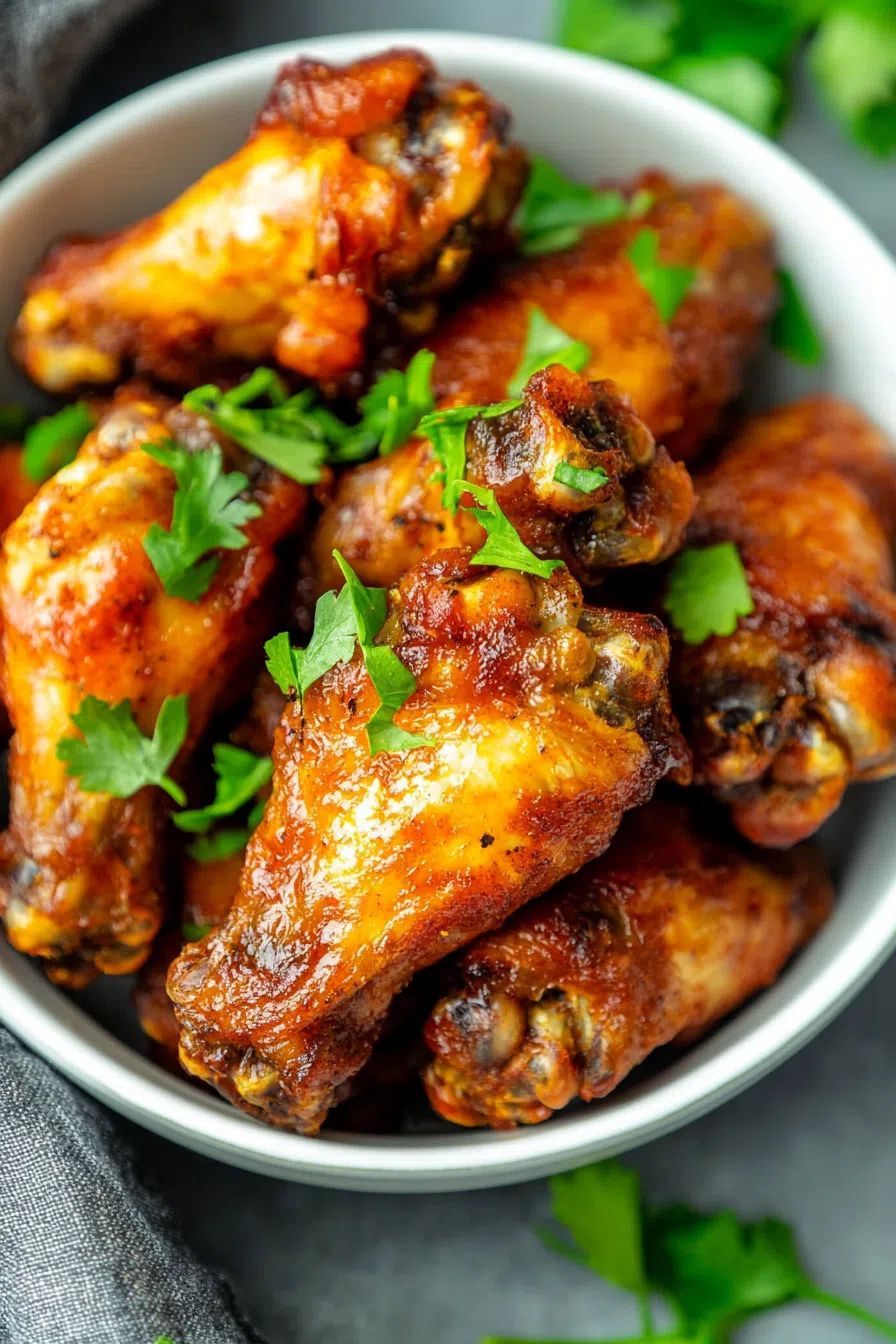 A basket of golden wings garnished with chopped green onions.