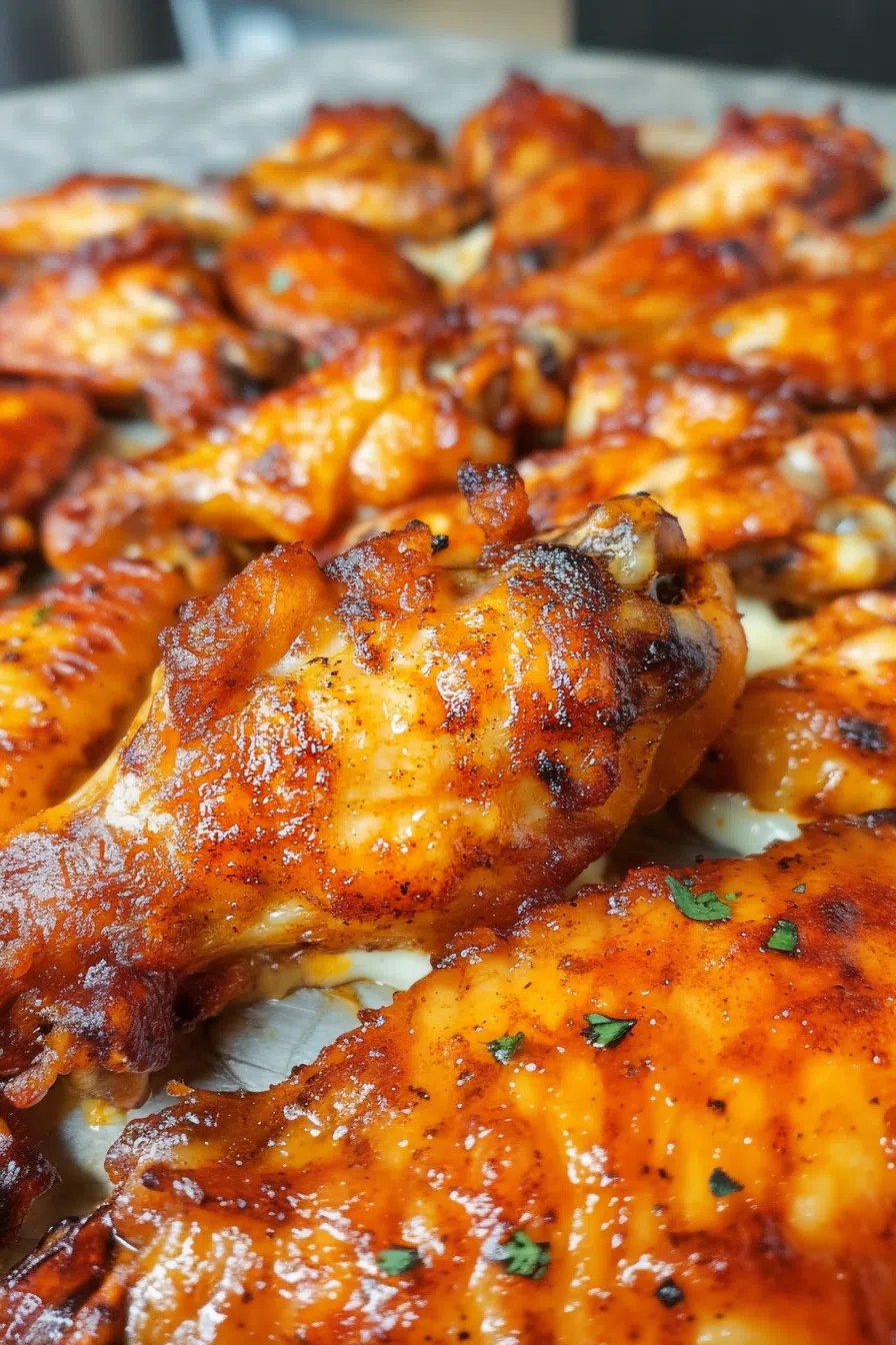 A plate of crispy, glazed chicken wings with a spicy red coating.
