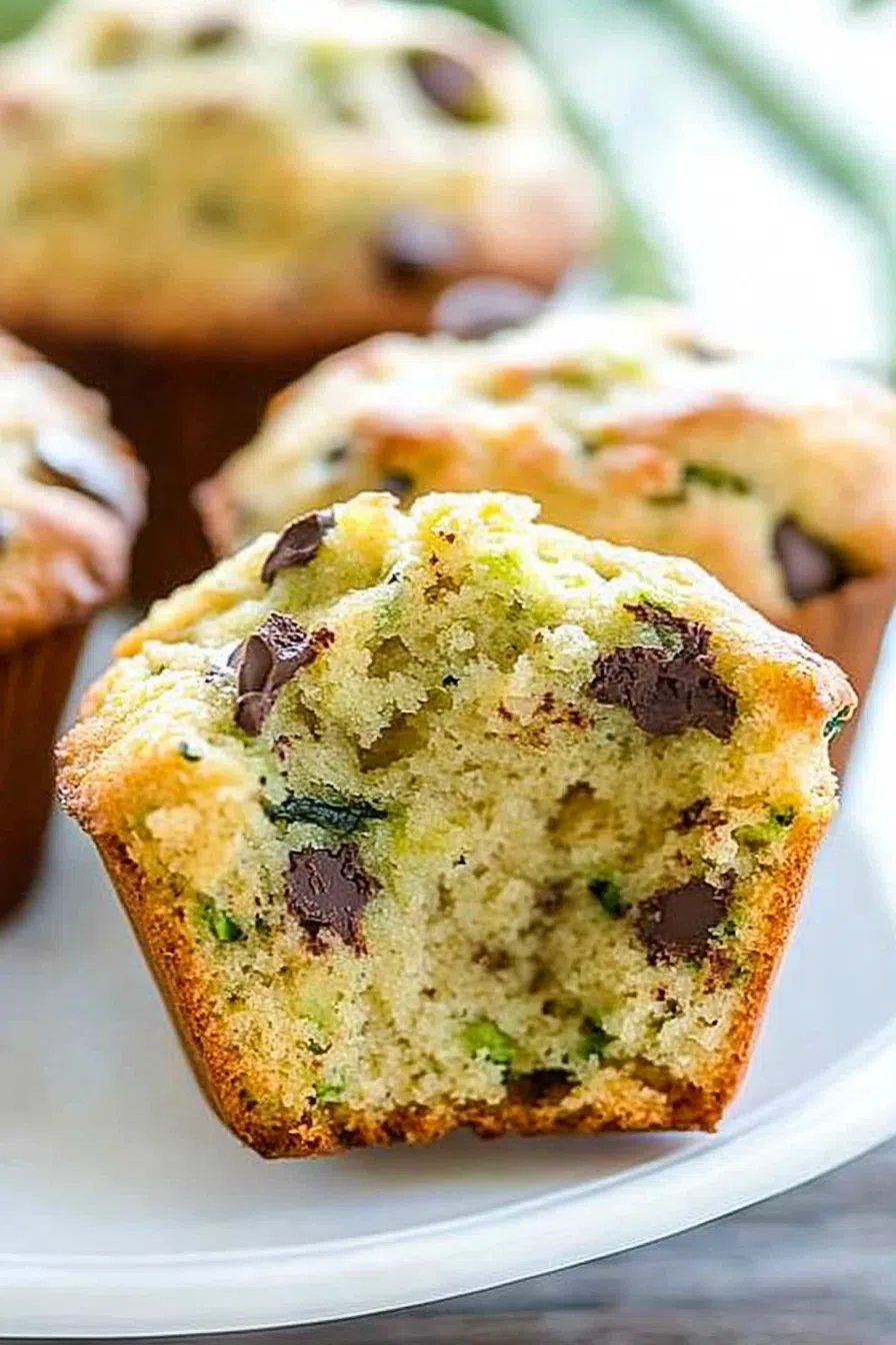 Close-up of a sliced muffin showing a soft interior with chocolate swirls.
