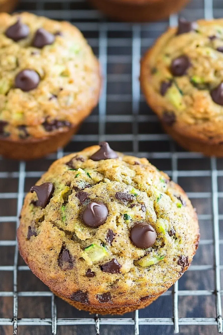 A batch of muffins cooling on a wire rack with a few chocolate chips scattered around.