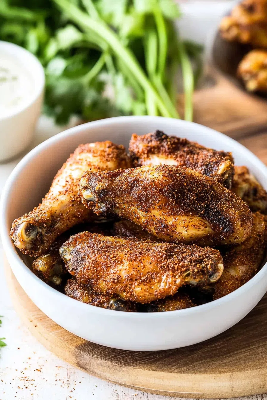 A plate of golden-brown chicken wings coated in a dry rub with visible seasoning, served with celery sticks and dipping sauce on the side.