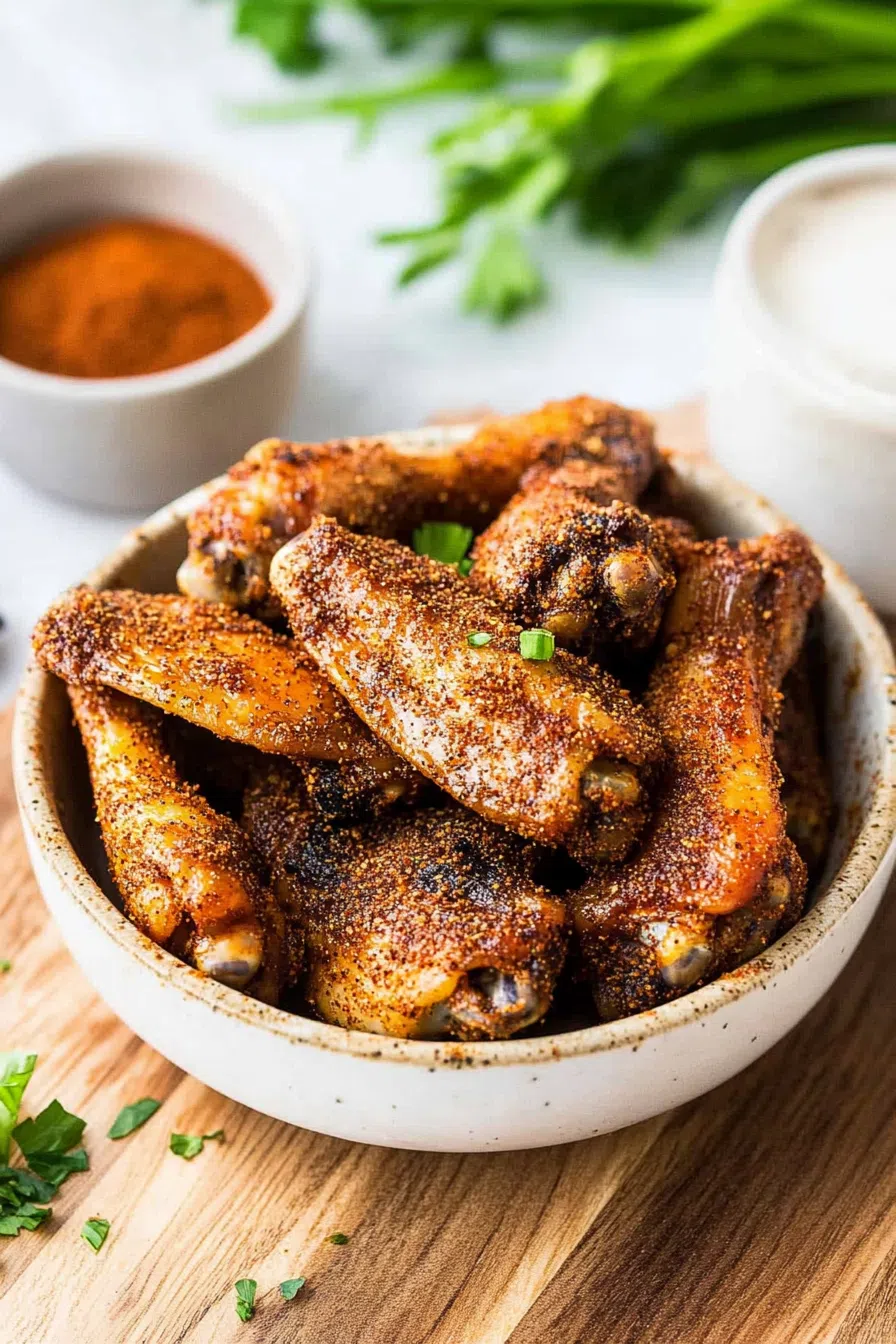 A hearty serving of wings piled on a plate, with vibrant colors from the spices and fresh herbs for garnish.