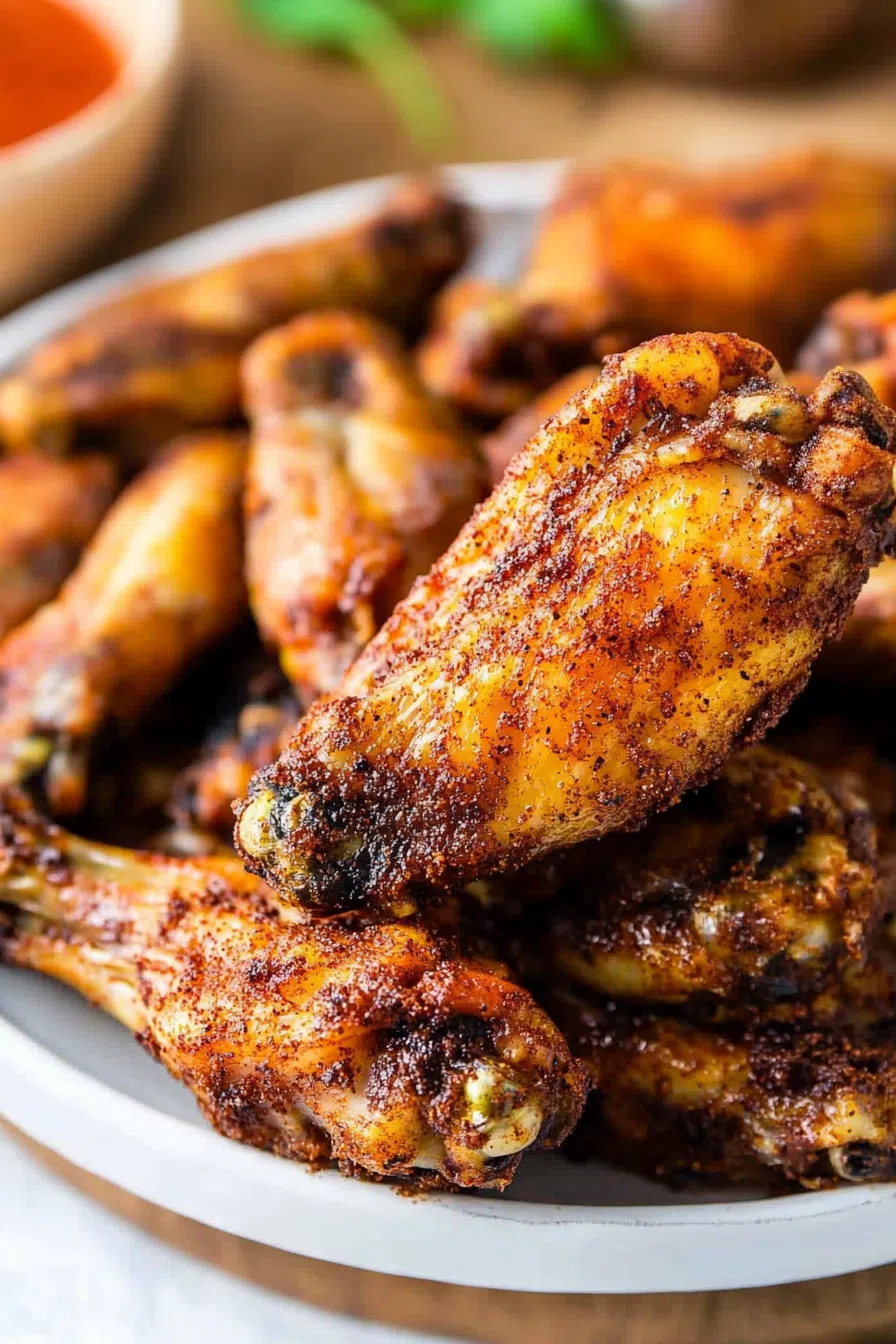 Close-up of crispy, seasoned wings arranged neatly on a serving platter, highlighting the texture of the spice blend.