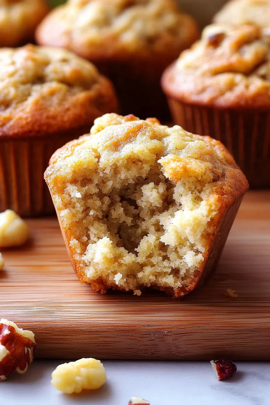 Side view of a halved muffin showing its soft, fluffy center on a wooden board.