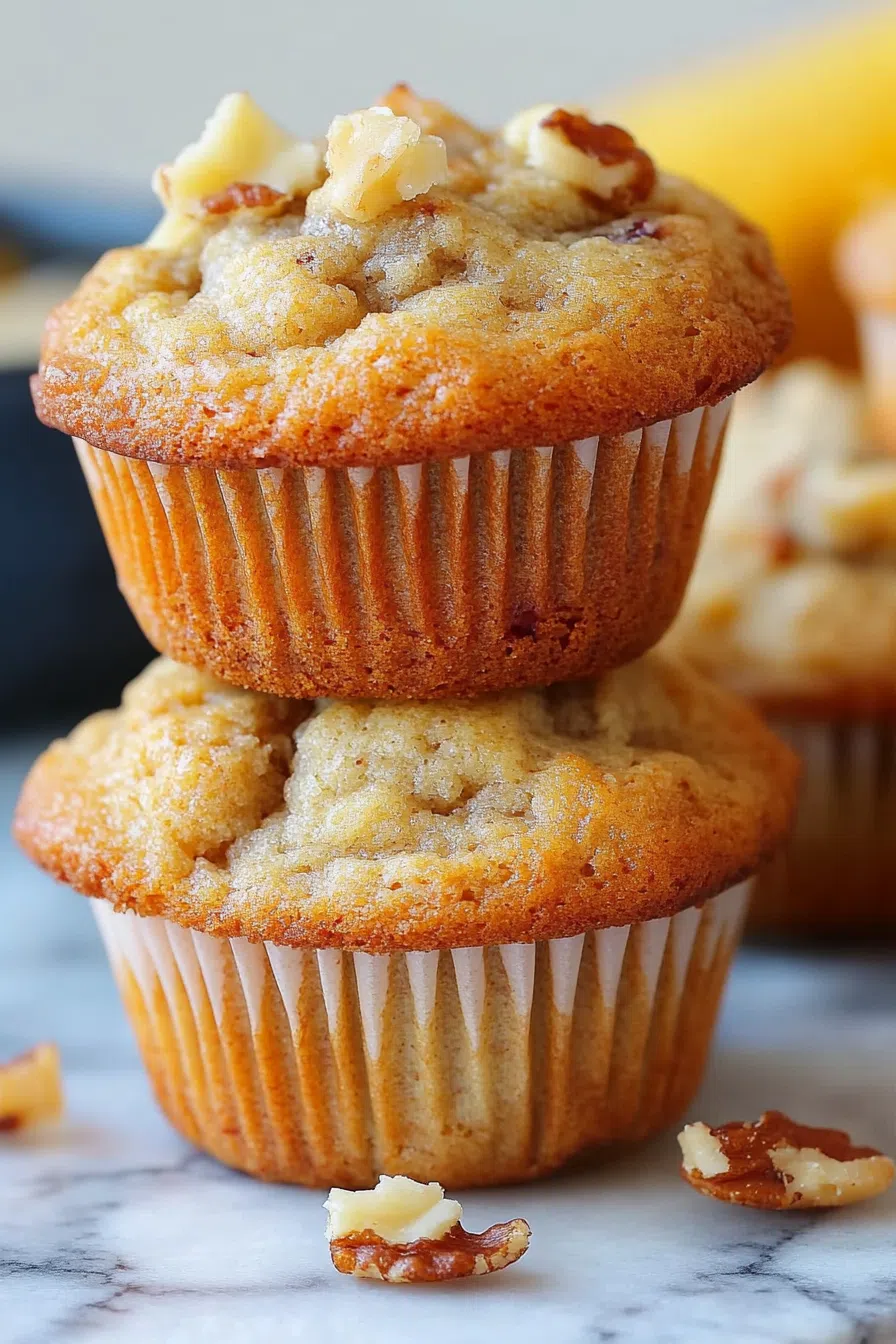 A batch of golden-brown muffins cooling on a marble top with a few crumbs nearby.