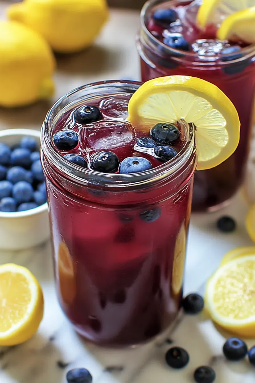 Icy drink served in clear glasses with fresh berries and mint on top.