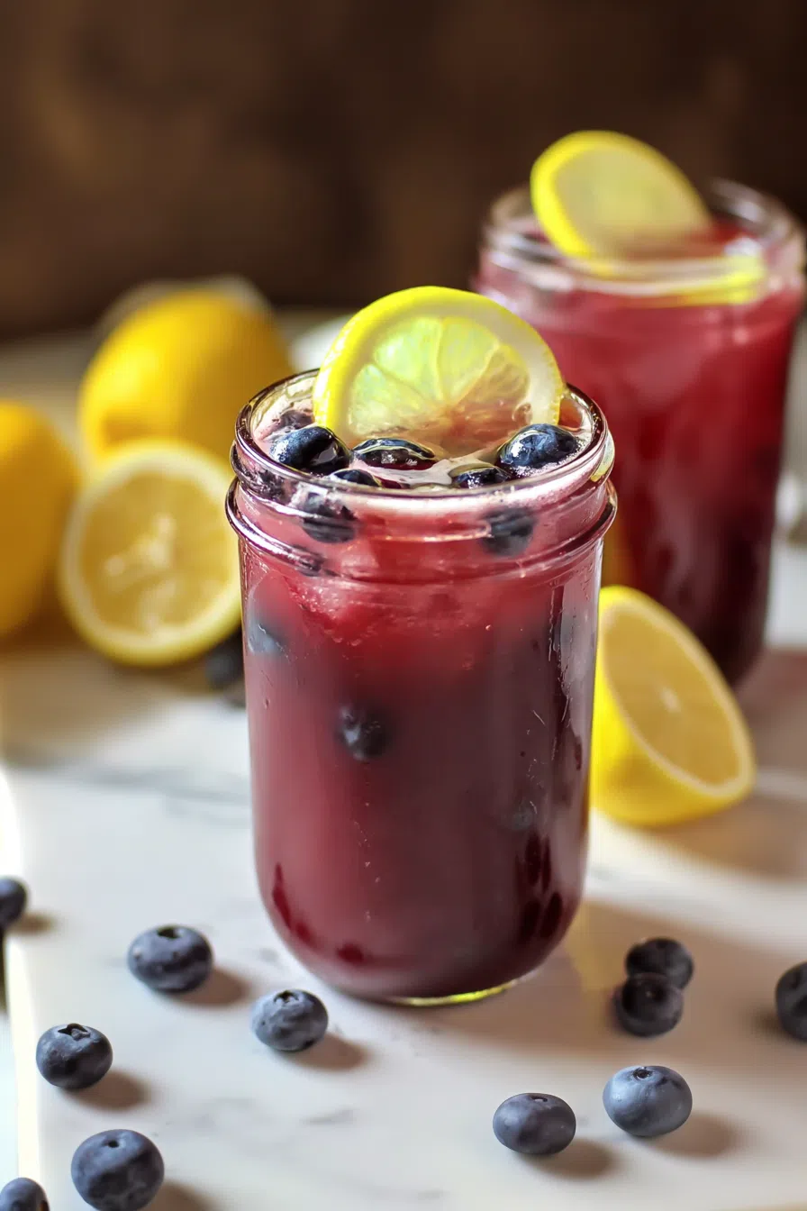 Glasses filled with a vibrant purple drink, garnished with lemon slices.