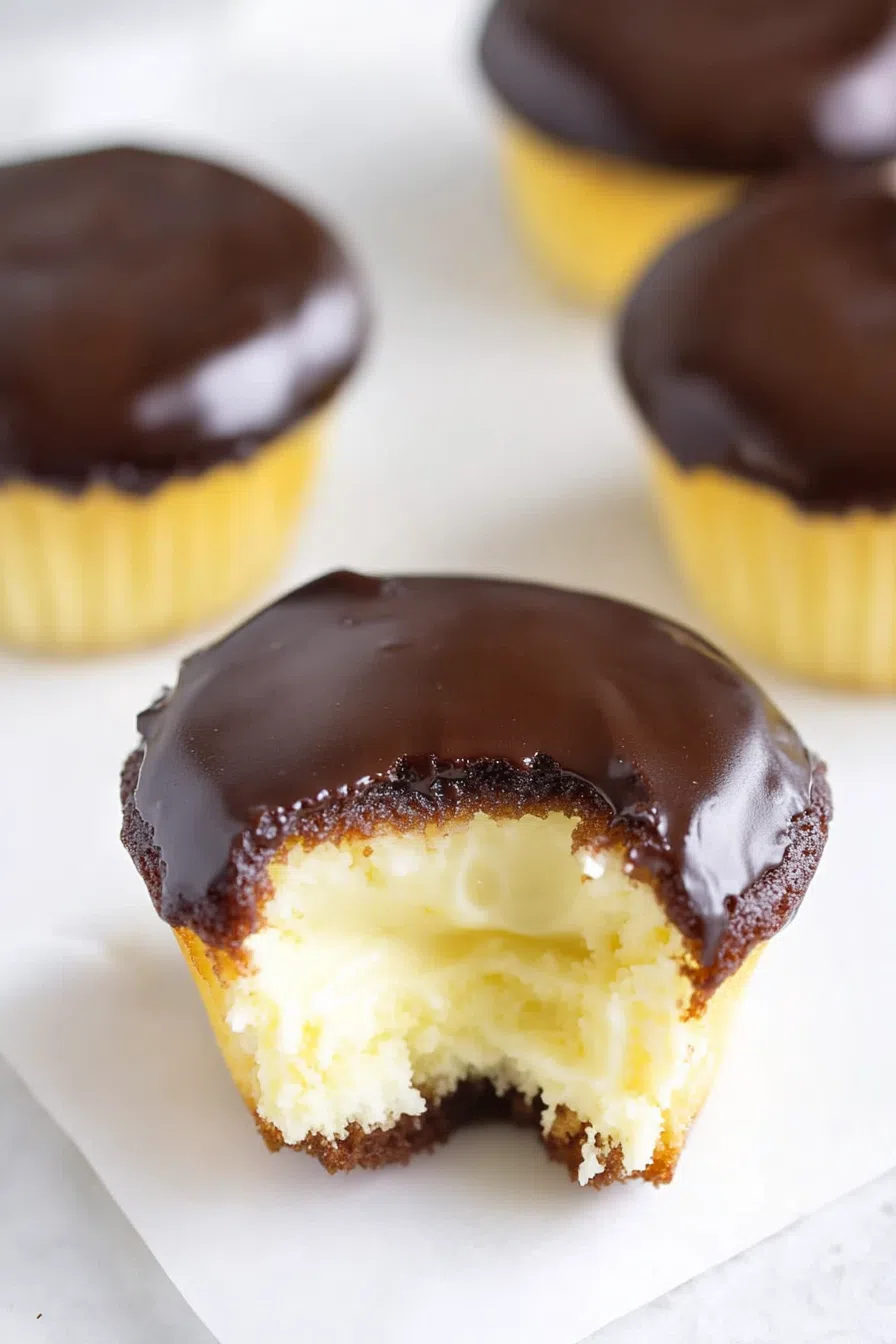 A bite taken out of a filled cupcake showing creamy vanilla center.