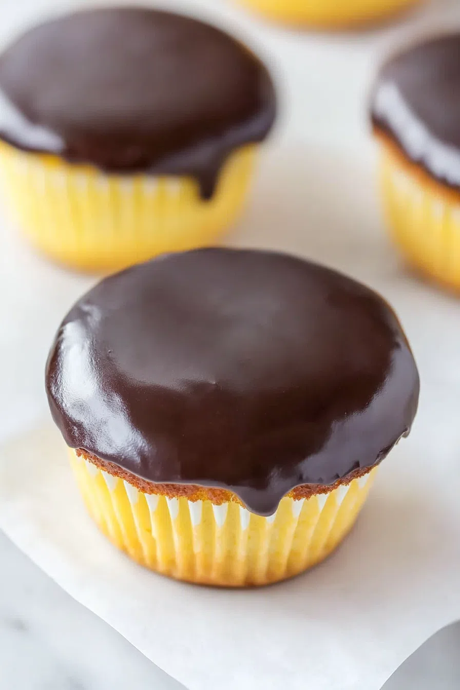 Close-up of cupcakes topped with glossy chocolate ganache.