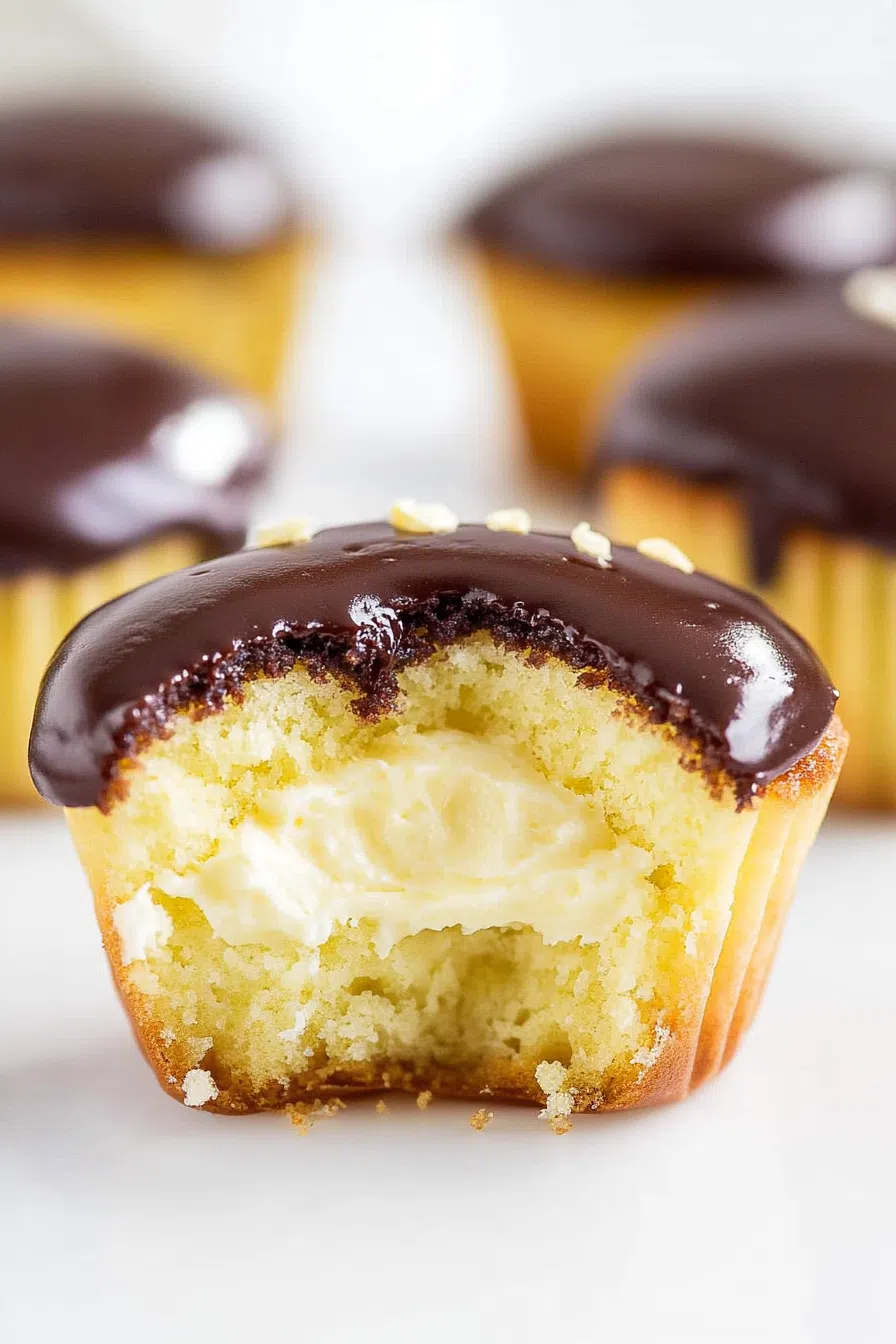 Chocolate-topped dessert with creamy filling peeking through.