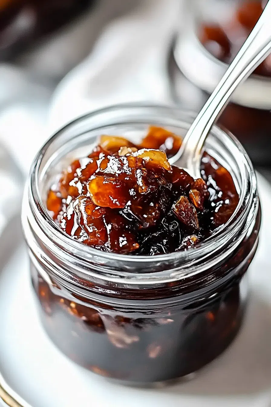 Dark, glossy spread served in a small mason jar