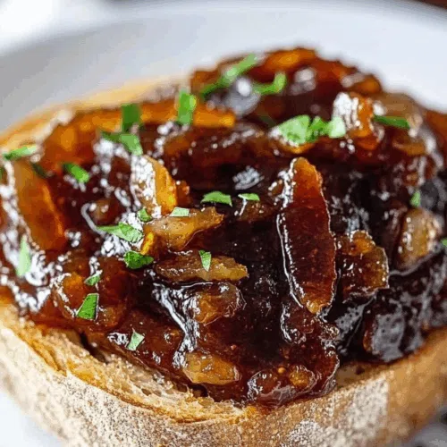 Close-up of rich, chunky jam spread on a piece of crusty bread.