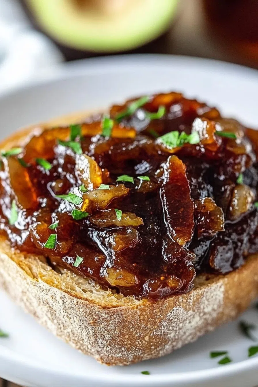 Close-up of rich, chunky jam spread on a piece of crusty bread.