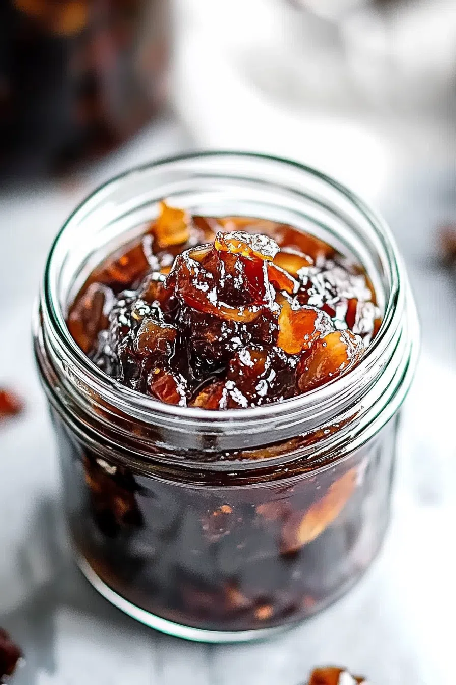 Overhead view of thick savory jam with caramelized texture.