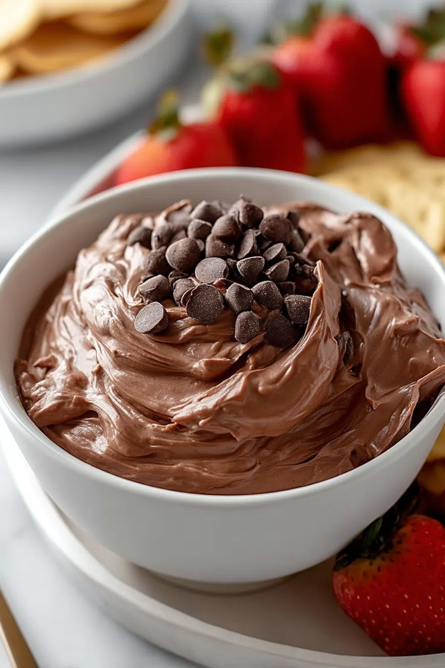 Creamy chocolate dip served in a small bowl with cookies on the side.