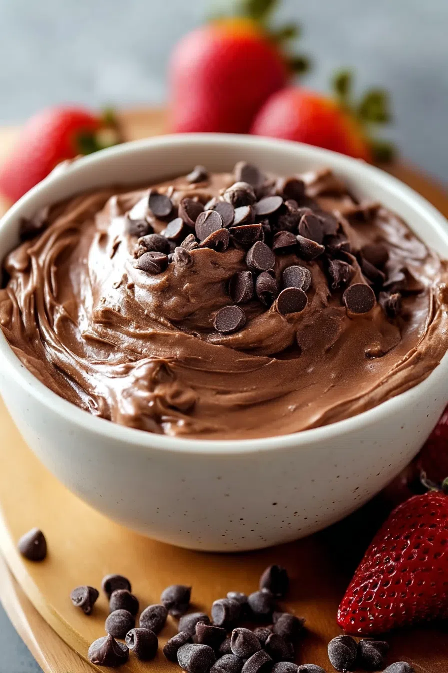 A swirl of rich, dessert-style dip in a white ramekin on a marble background.