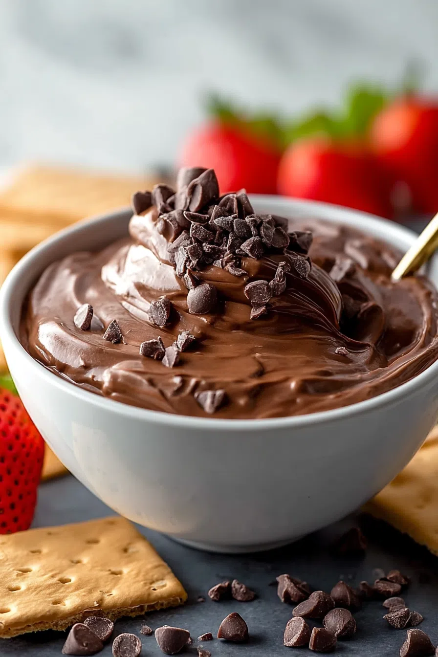 A bowl of dark, smooth dip presented with a variety of dippers nearby.