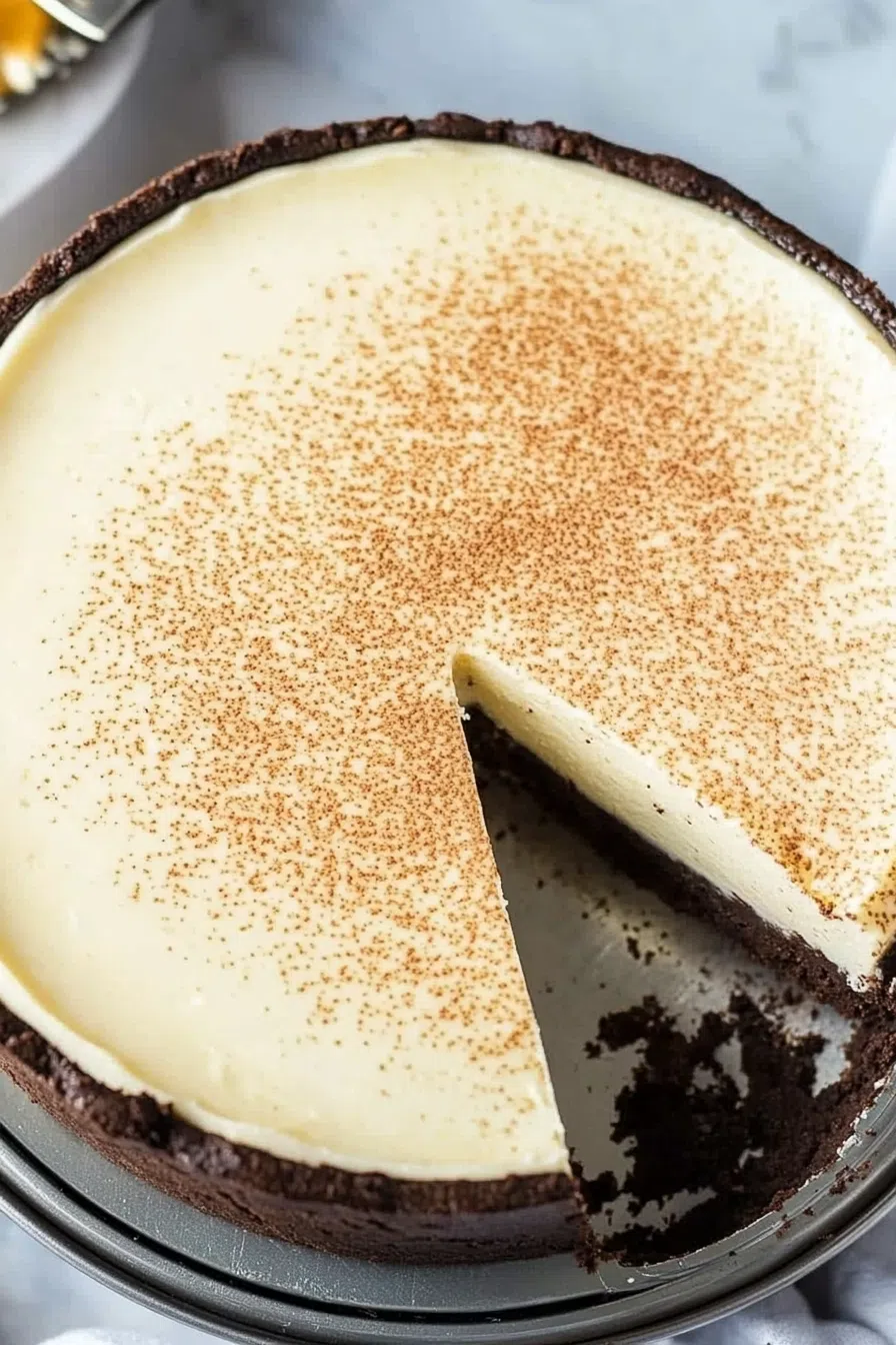 Overhead view of a dessert with two distinct layers, cut into clean wedges.