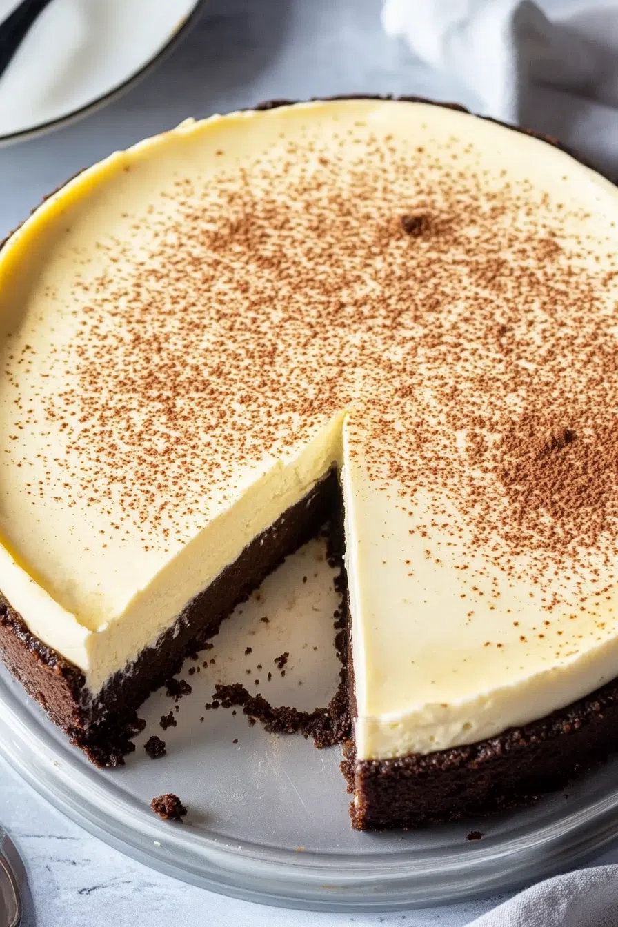 Close-up of dense brownie crust beneath smooth cheesecake layer.