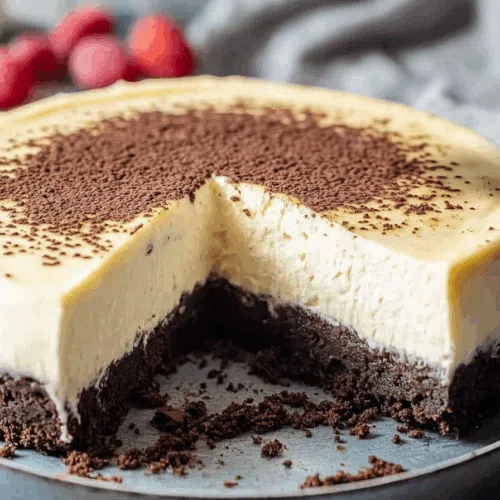 Layered dessert slice showing rich chocolate base and creamy topping.