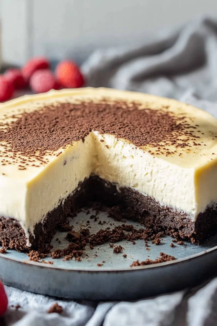 Layered dessert slice showing rich chocolate base and creamy topping.