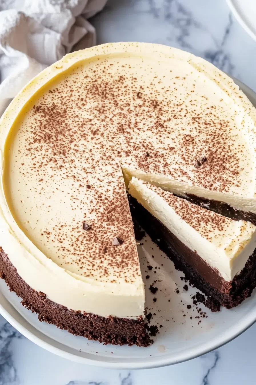 Whole cheesecake with a glossy finish, garnished with chocolate drizzle.