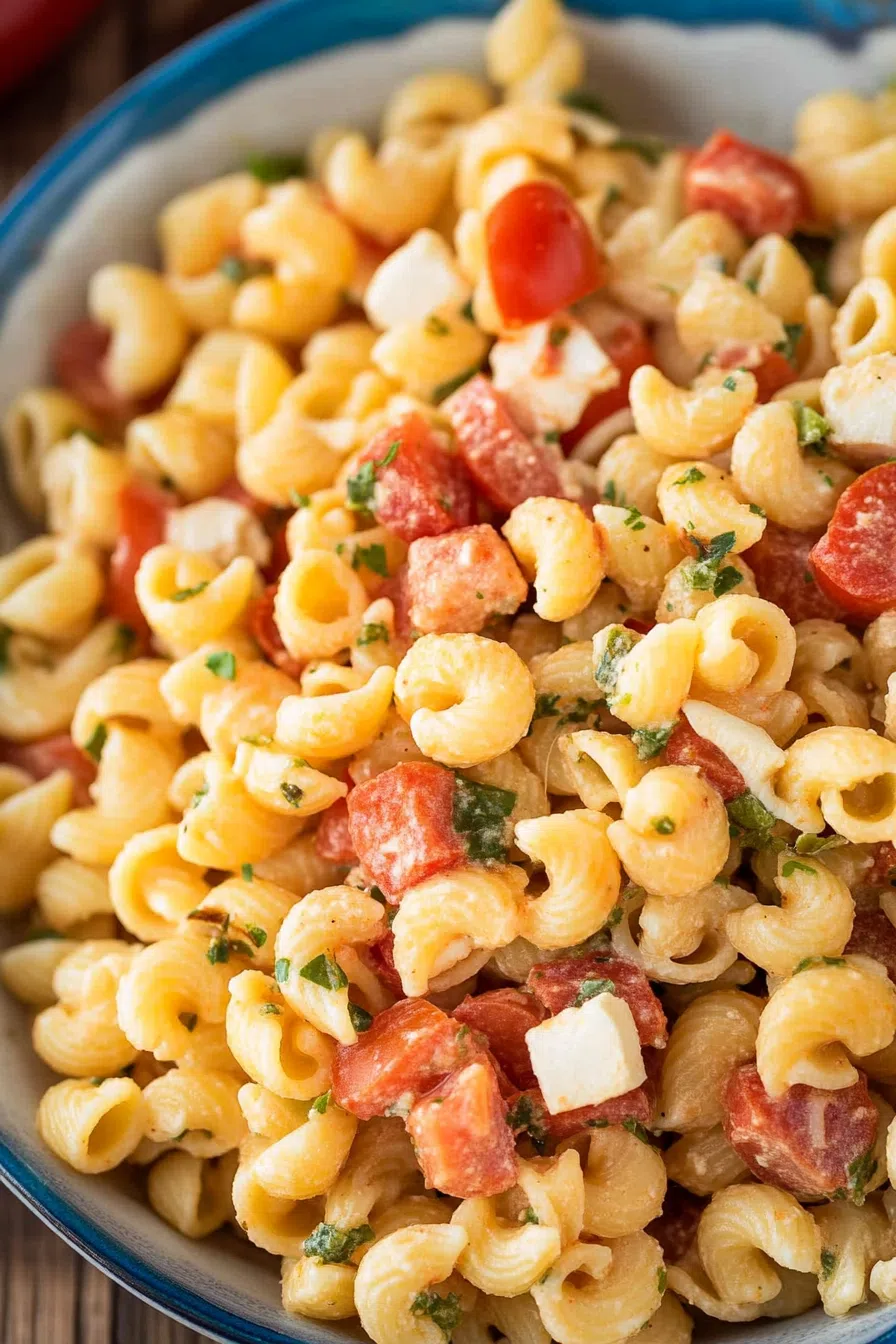 Close-up showing pasta mixed with diced tomatoes and shredded cheese.
