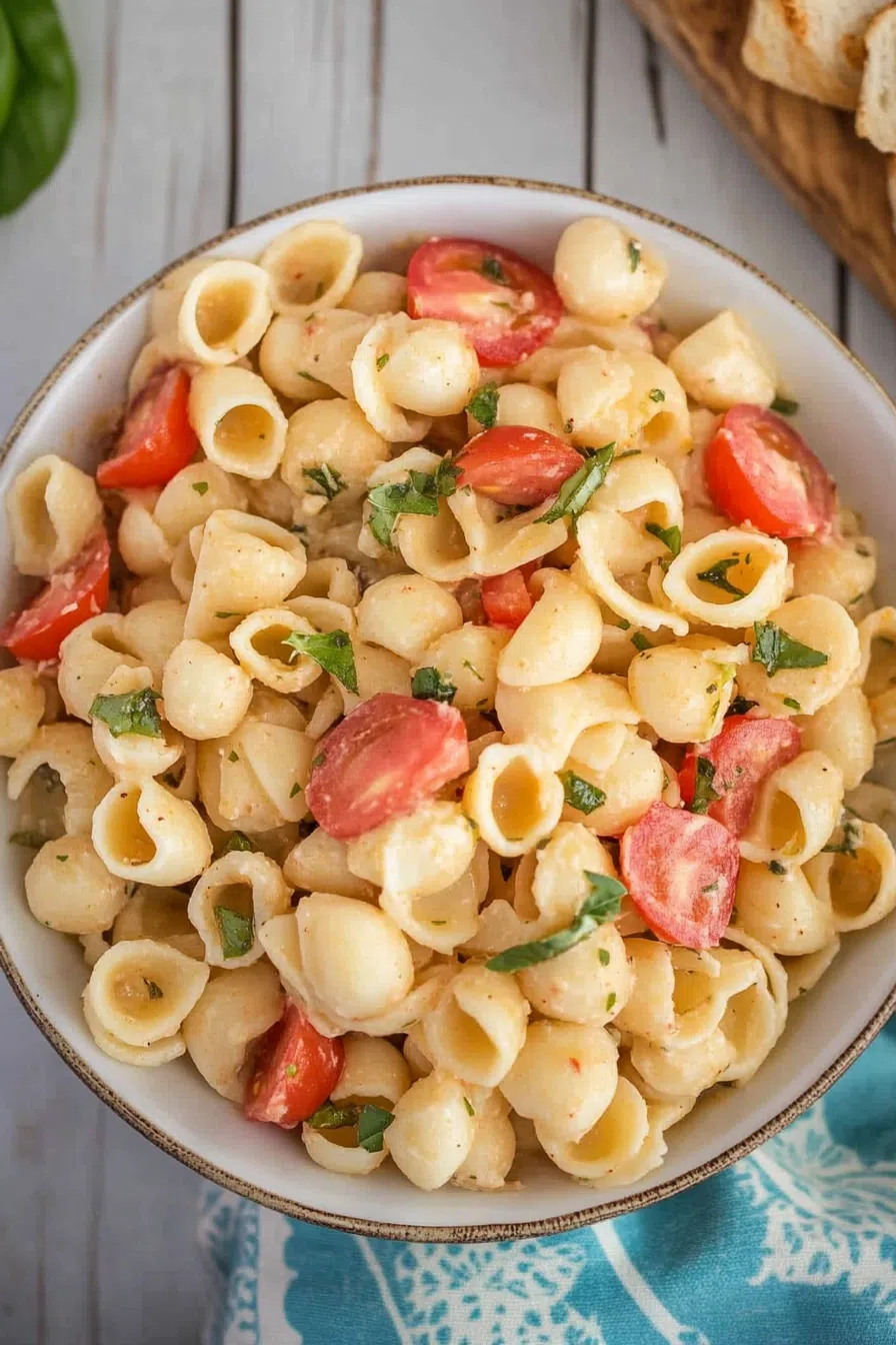 Colorful salad served in a large white bowl with cherry tomatoes and herbs.