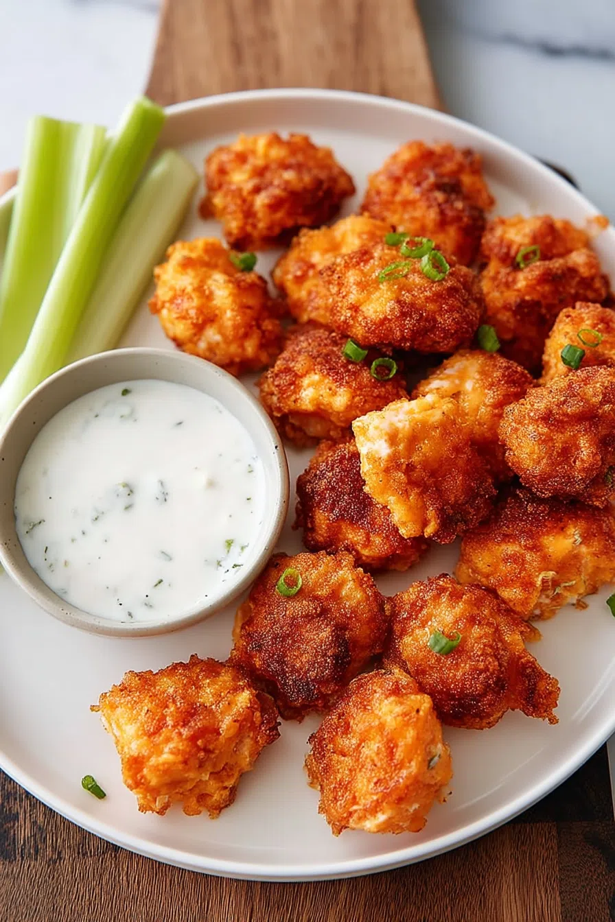 Overhead shot of appetizer bites garnished with chopped parsley and paired with dipping bowls.