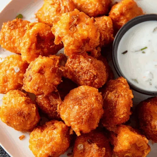 Plated bite-sized appetizers with a golden crispy coating and dipping sauce.