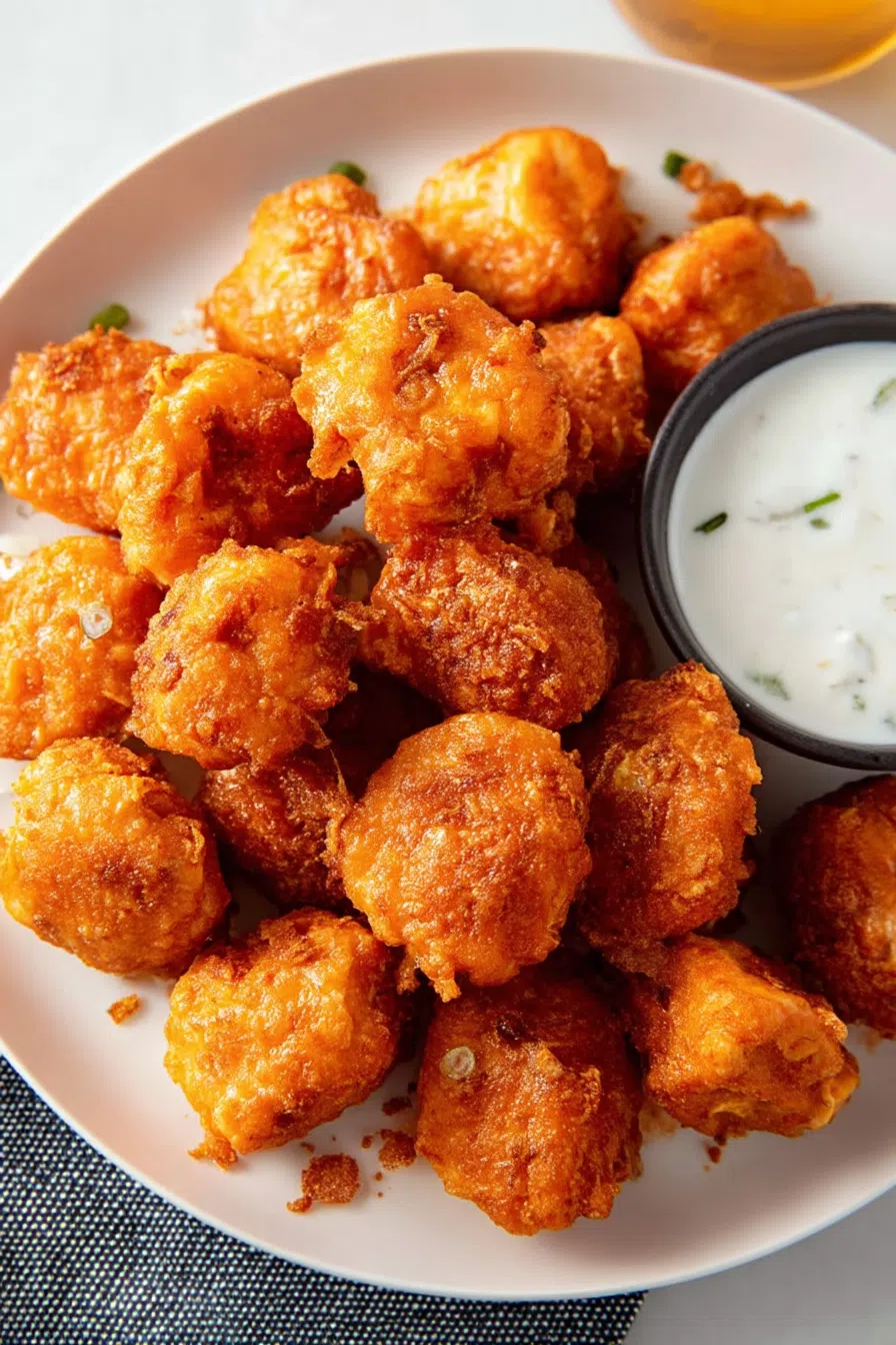 Plated bite-sized appetizers with a golden crispy coating and dipping sauce.