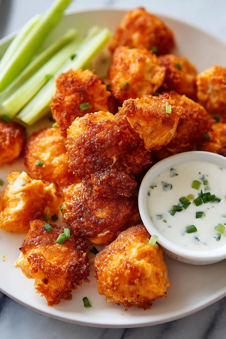 Close-up of crunchy, golden-brown snacks paired with ranch dip.