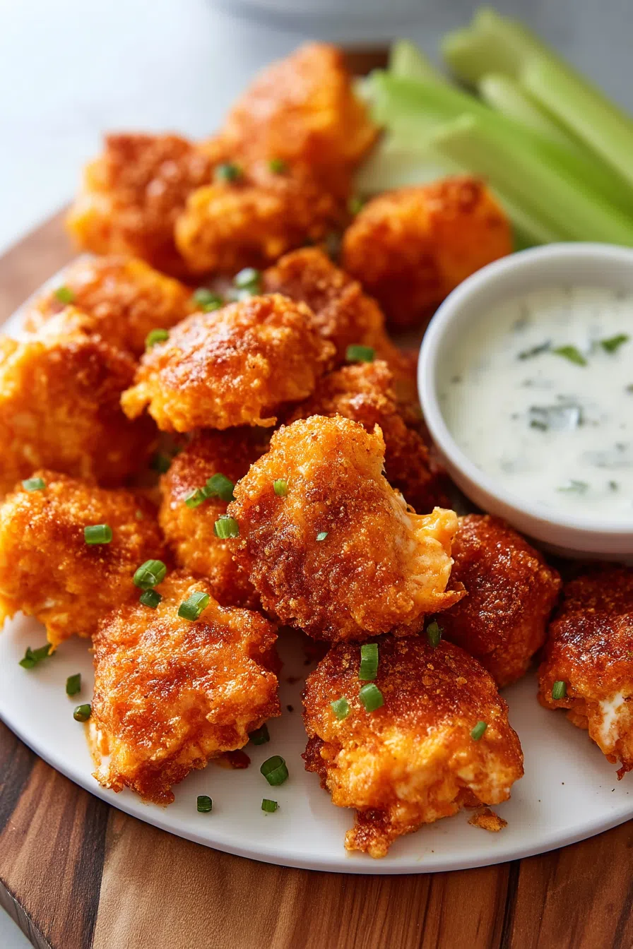 Appetizer bites stacked on a white plate with herbs sprinkled on top.