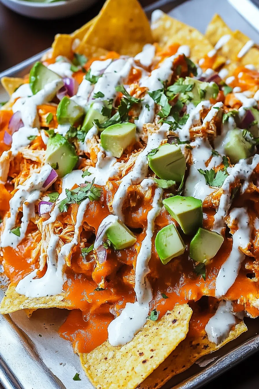 Overhead shot of nachos piled high with buffalo chicken and jalapeños.