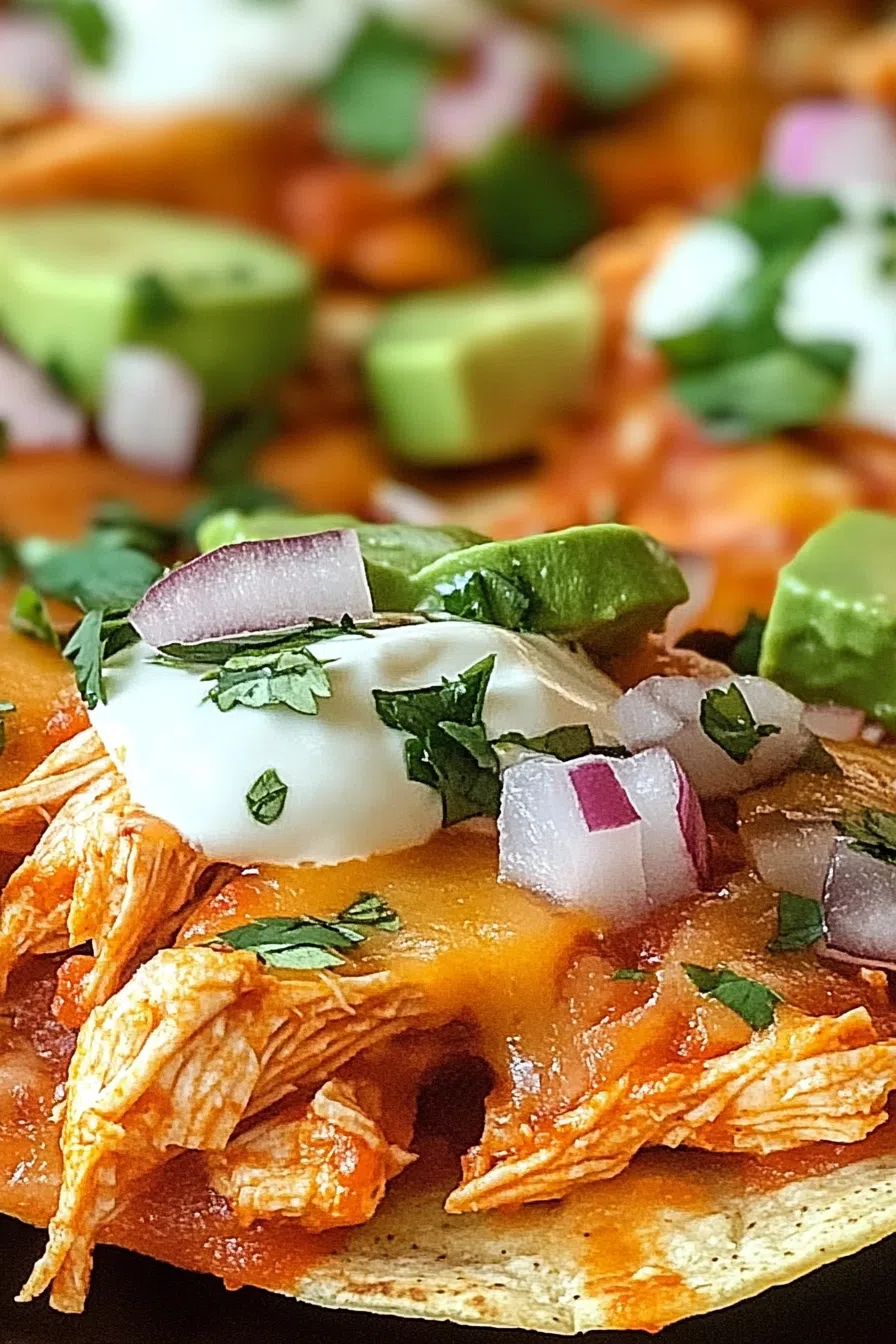 A serving of nachos with crispy edges, topped with shredded chicken and a sprinkle of green onions.