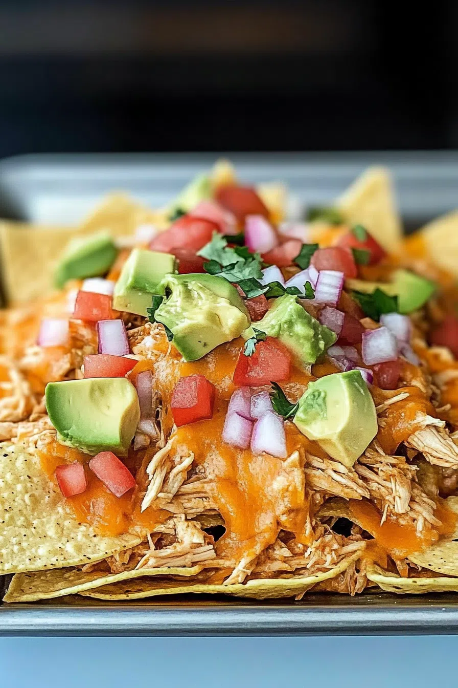 A plate of crispy nachos topped with shredded buffalo chicken and melted cheese.