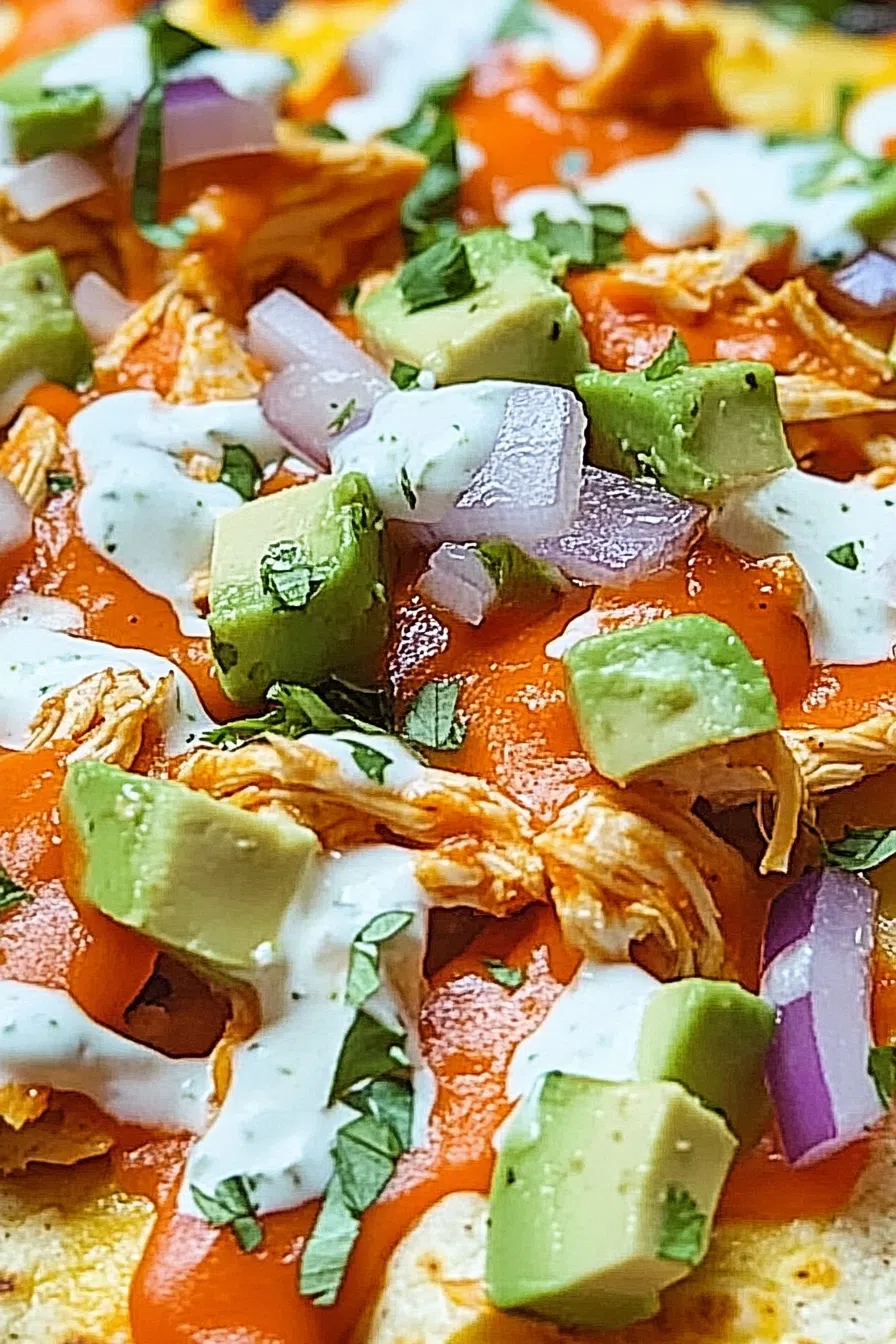 Close-up of cheesy nachos with spicy buffalo chicken and a drizzle of ranch dressing.