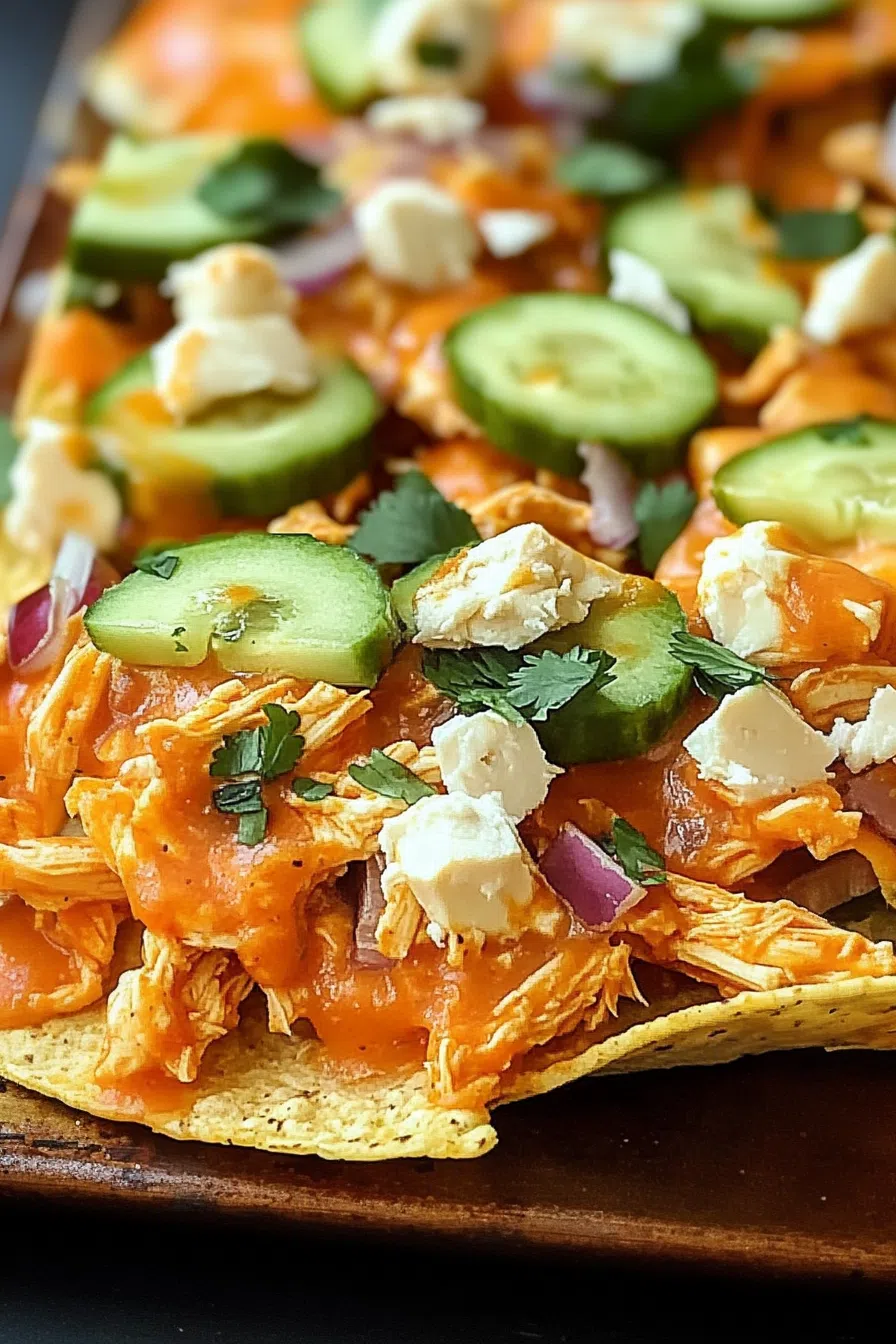 A plate of crispy nachos drizzled with creamy ranch dressing and sprinkled with jalapeños.
