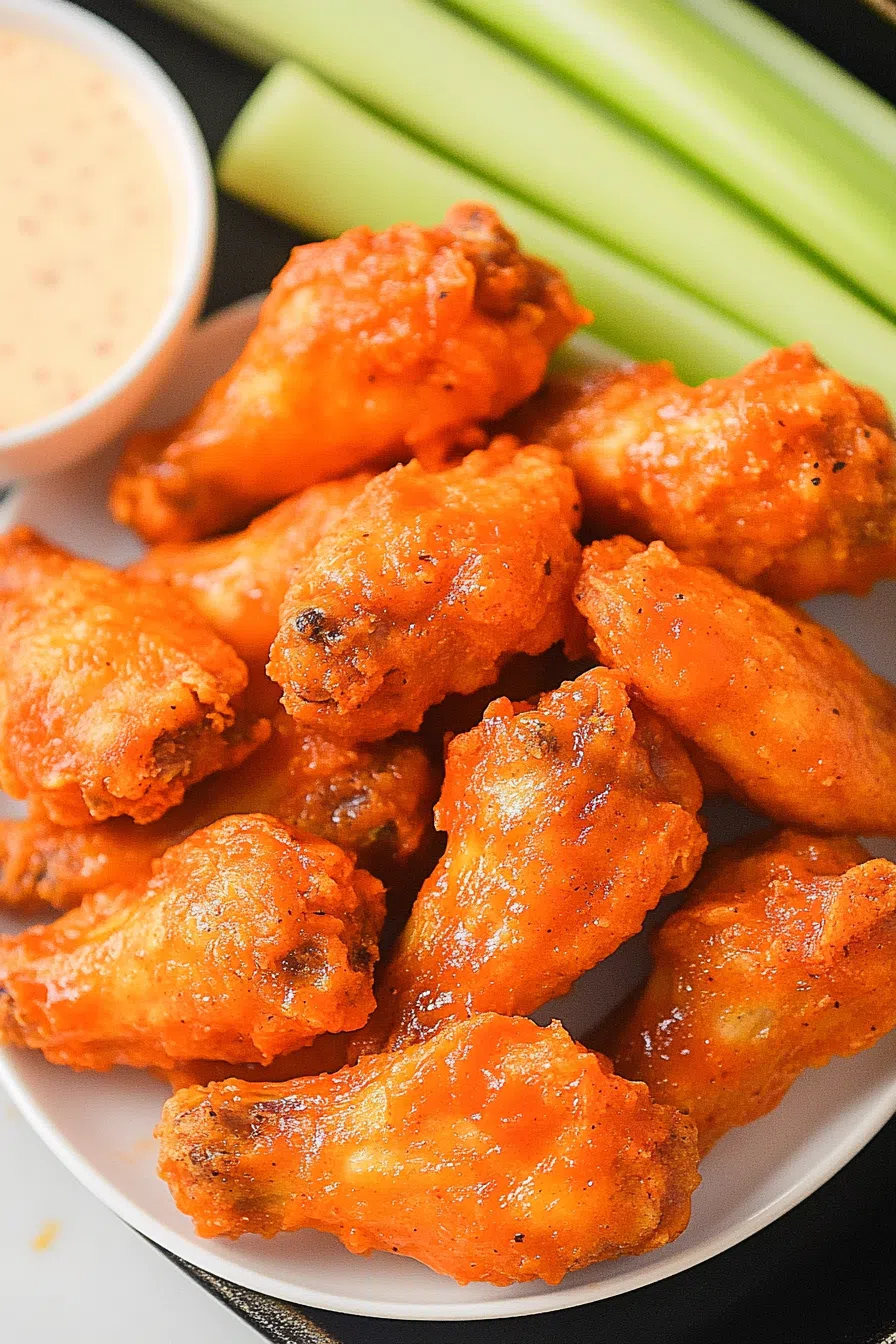 Crispy glazed wings served on a white platter with celery sticks.