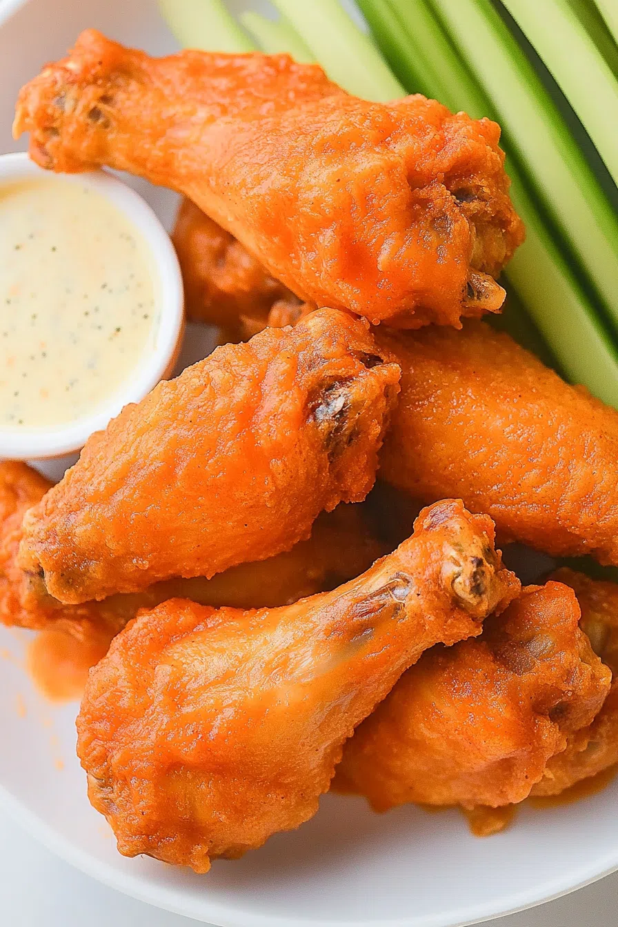 Golden-brown wings coated in spicy sauce, ready to eat.