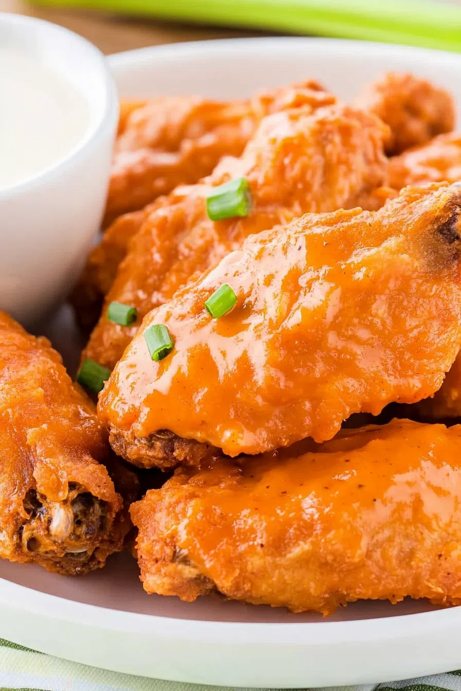 Close-up of saucy wings with charred edges.