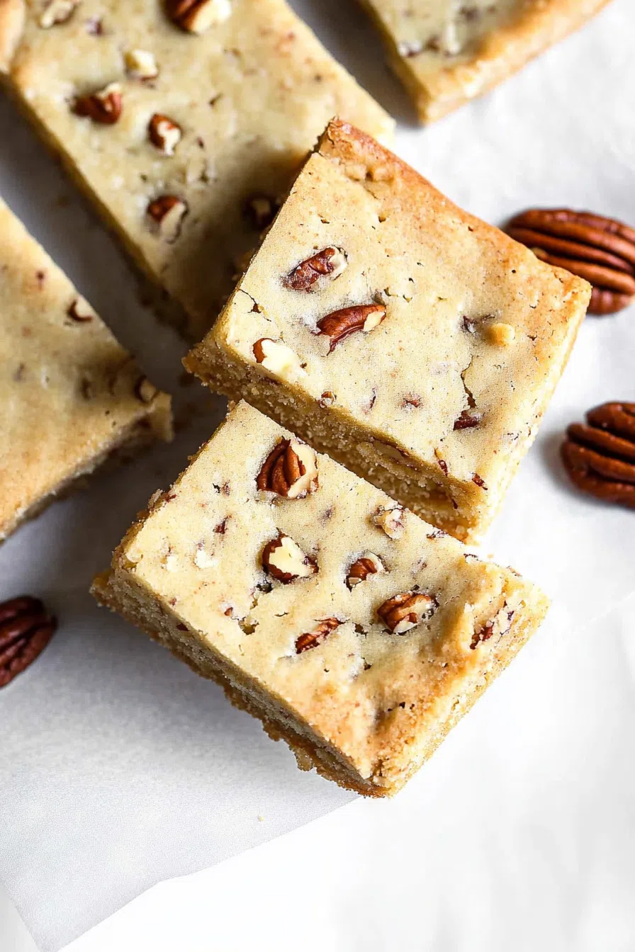 A few cookies with a cracked surface and toasted edges, surrounded by scattered pecans.