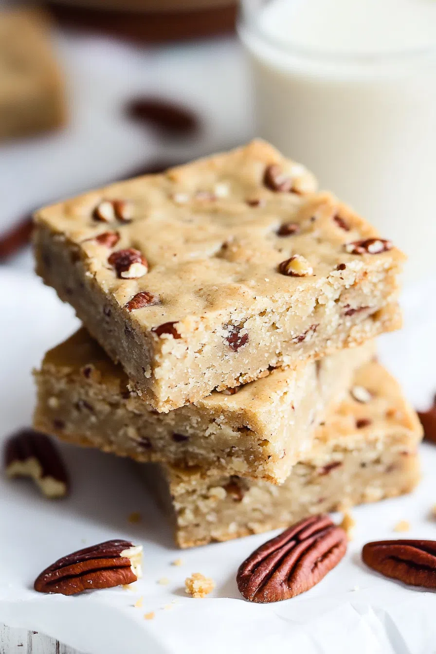 Stack of crumbly, buttery cookies with visible pecan bits on a baking sheet.