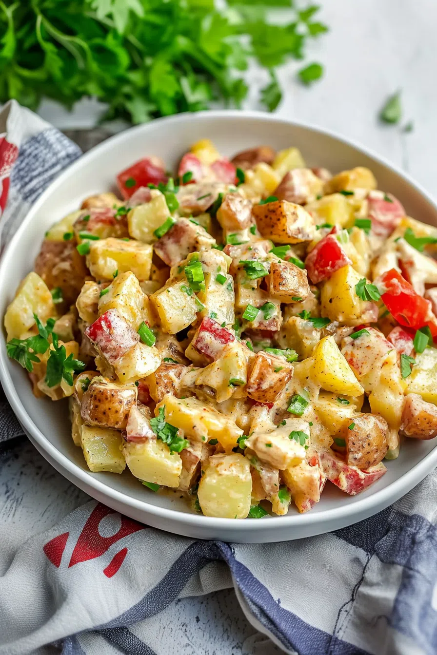 Rustic serving bowl filled with a creamy, seasoned potato side dish.