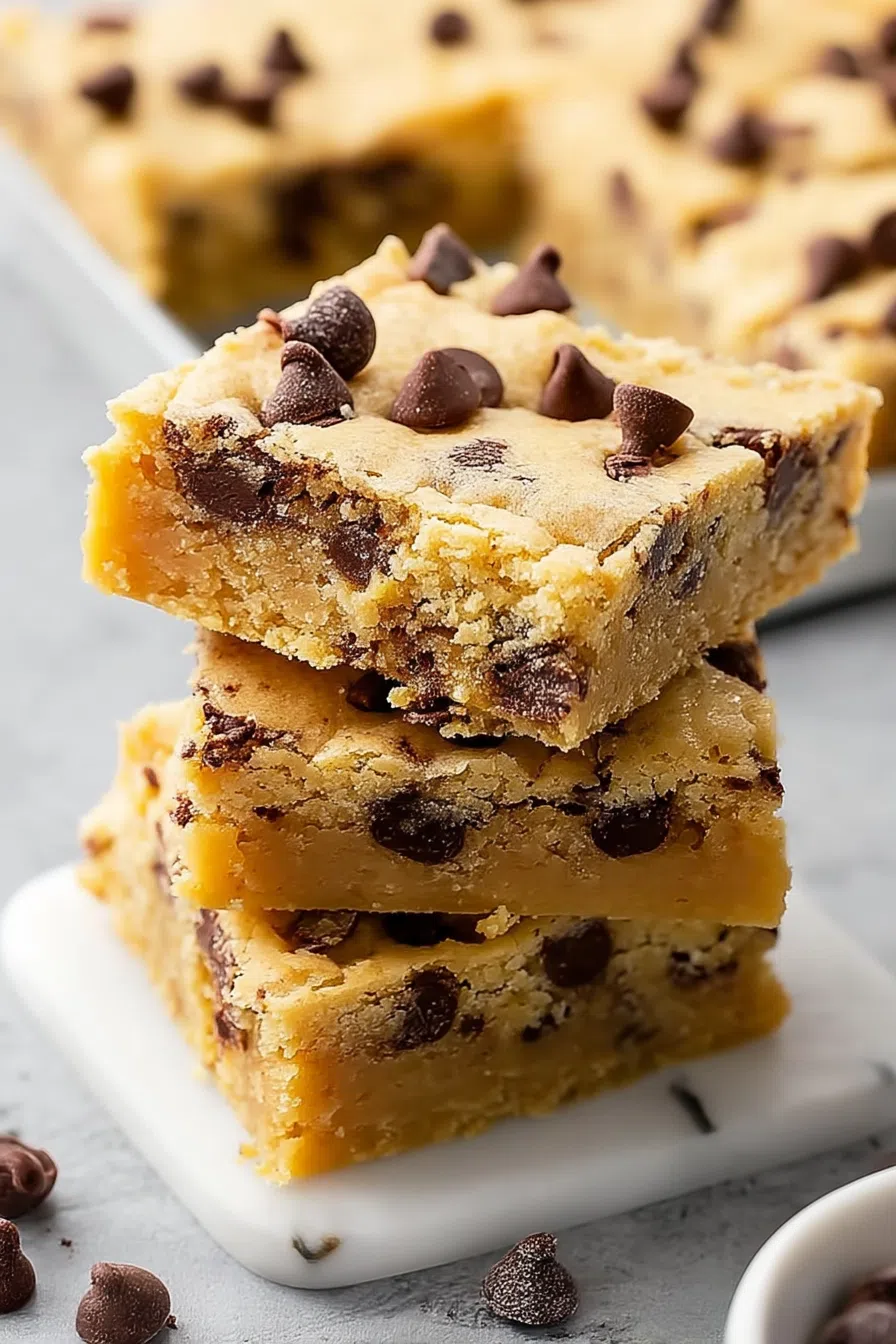 Golden cookie bars cut into squares and arranged neatly on a tray.