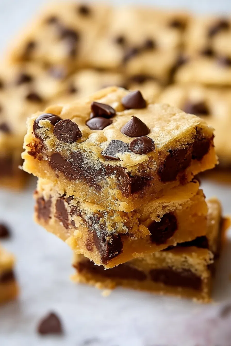 Stack of cookie bars showing layers of fluffy and dense crumbs.