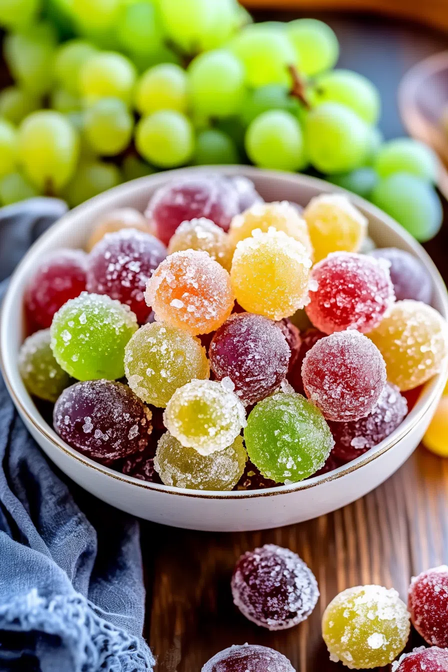 A bowl of glistening, sugar-coated fruit with a frosty appearance.