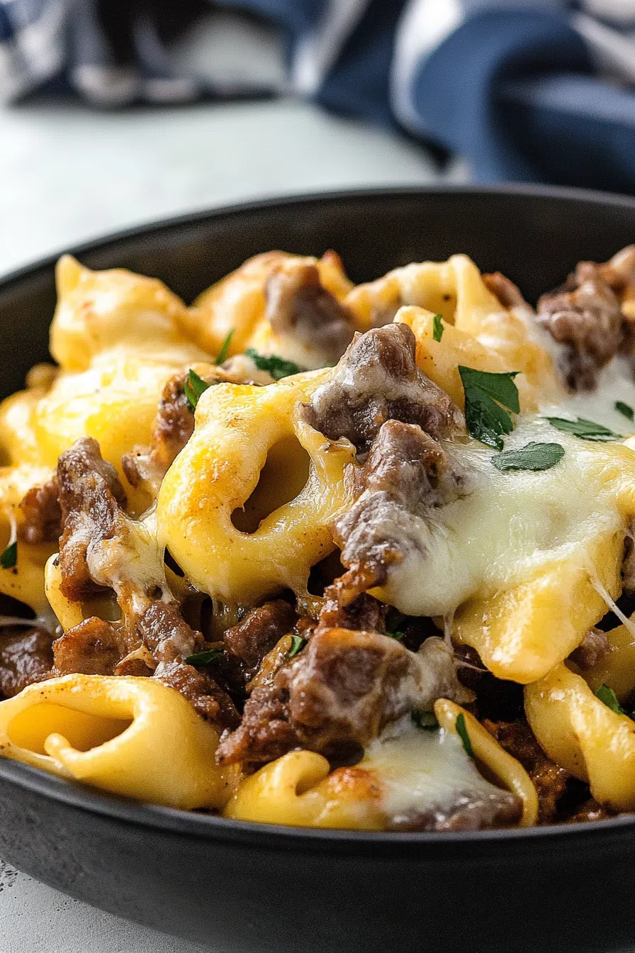 Creamy pasta dish in a skillet, topped with seared beef strips and melty cheese.