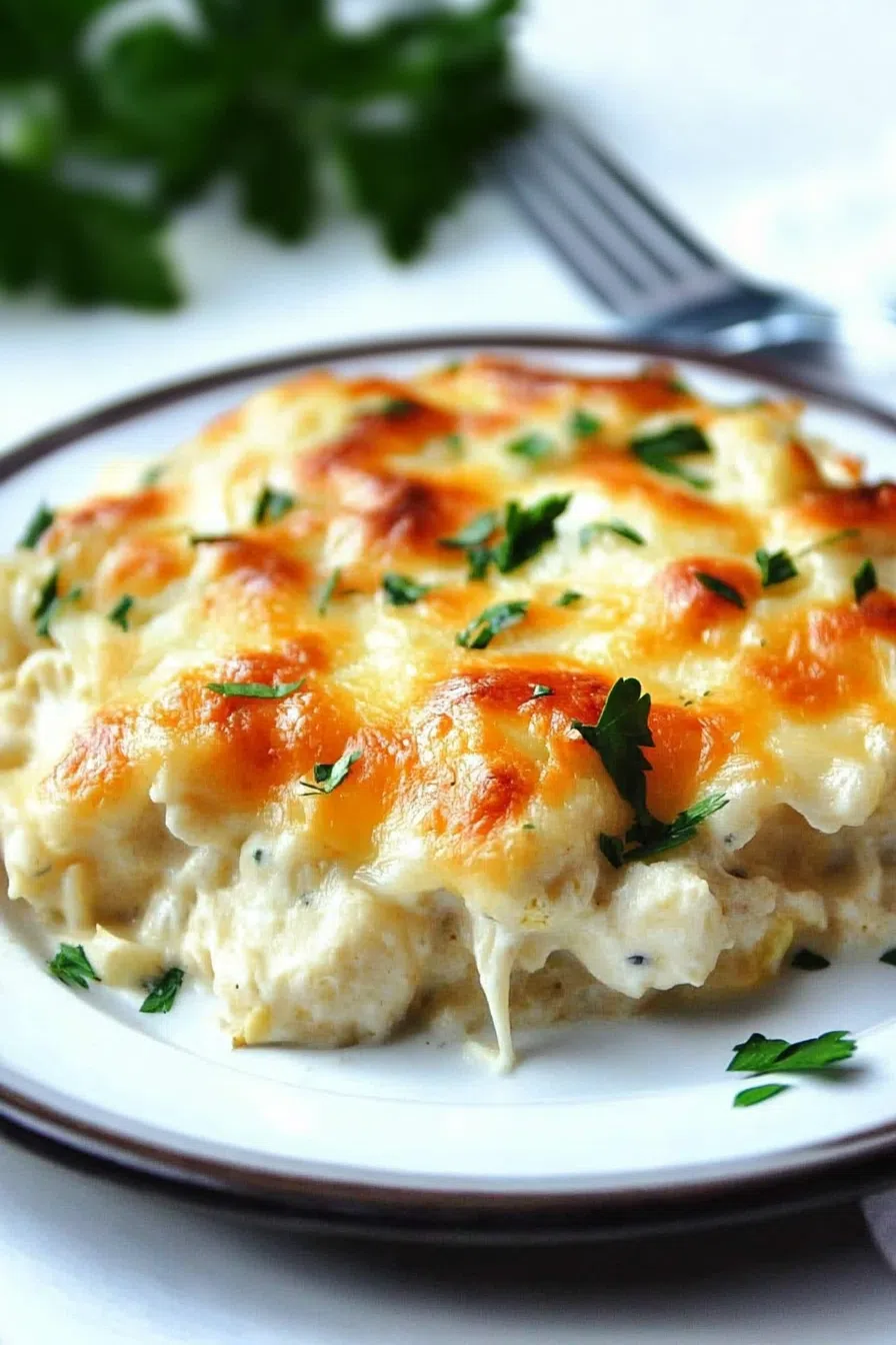 A creamy baked casserole fresh out of the oven with a golden top.